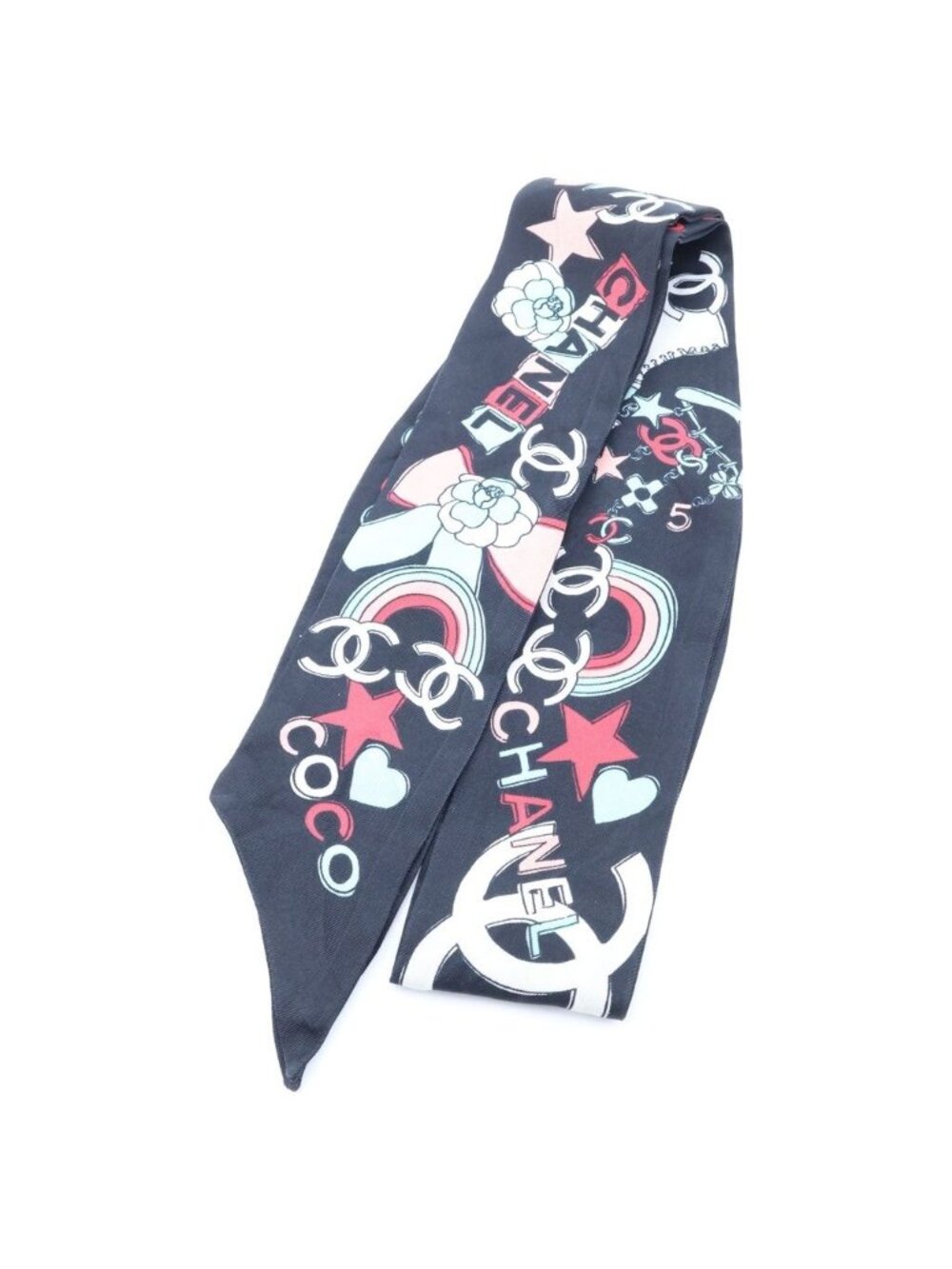 Chanel Camellia Scarf CC Logo Star All Over Print Twilly Black